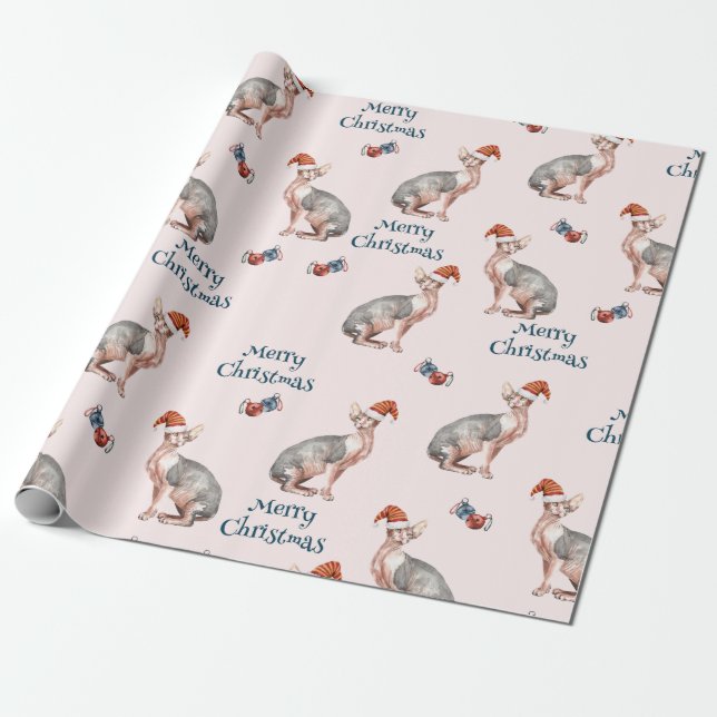 God jul Sphynx Hairless Cat Santa Hat Presentpapper (Utrullad)