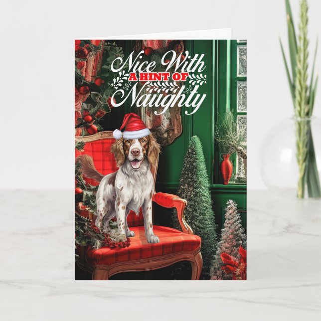 God Jul Springer Spain Hund Naughty eller Nice Helgkort (Framsida)