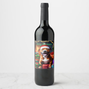 God Jul Stafford Bull Terrier Vinflaska Etikett