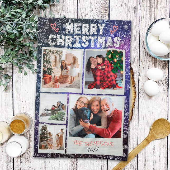 God jul Starry Night Doodle 5 Photo Family Kökshandduk (Skapare uppladdad)