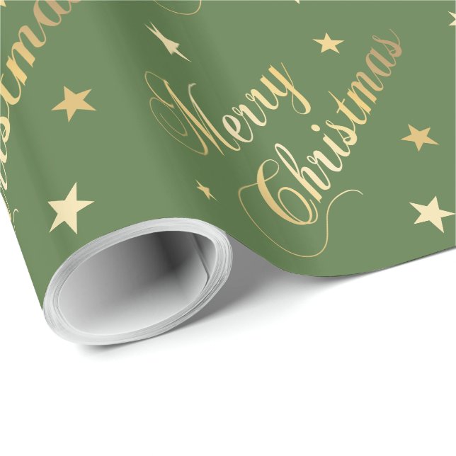 God Jul Stjärnor Elegant Skrift Guld Grön Presentpapper (Rullad Hörn)