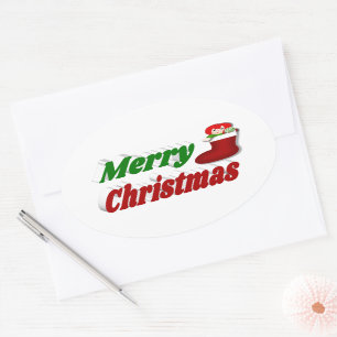 God jul Stockar med röd grönt typografi Ovalt Klistermärke