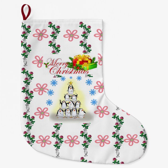God jul Stocking, Blommigt Penguin Stor Julstrumpa (Framsidan)