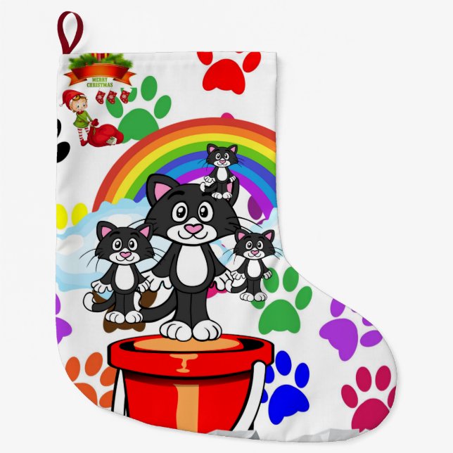 God jul Stocking, Elf Cat Tassar Rainbow Stor Julstrumpa (Framsidan)