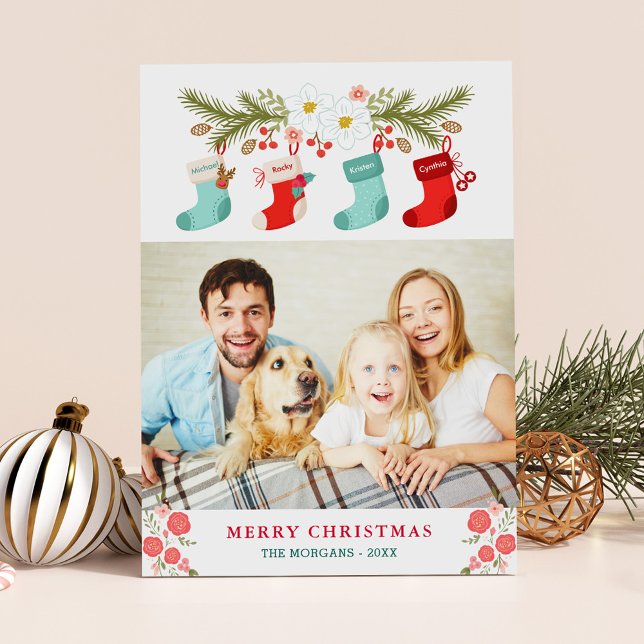 God jul Stockings Namn Pet Family Photo Julkort (Skapare uppladdad)