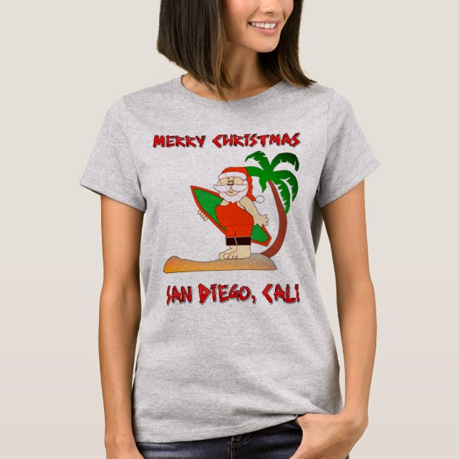 God jul Surfing Santa San Diego Cali T-shirt (Framsida)