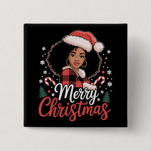 God Jul Svart Afrikansk Tjej Tomtehatt Jul Knapp