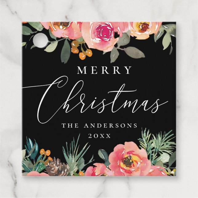 God jul | Svart Blommigt och Gräs Helgdag Gåvor Etiketter (Framsida)