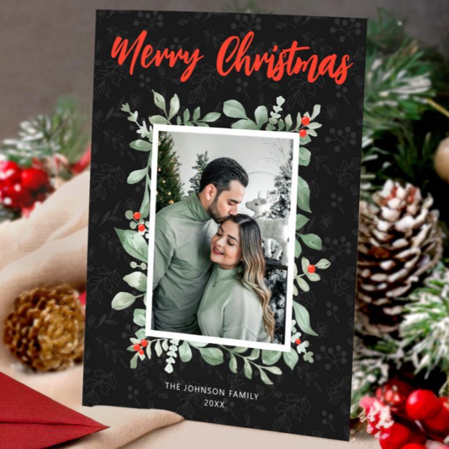 God Jul Svart Foto Elegant Hälsning Julkort (Merry Christmas Black Photo Elegant Greeting Holiday Card, Family Christmas, Watercolor Nativity)