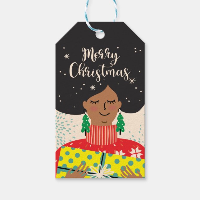 God jul, svart kvinna, ljust sötare presentetikett (Framsidan)