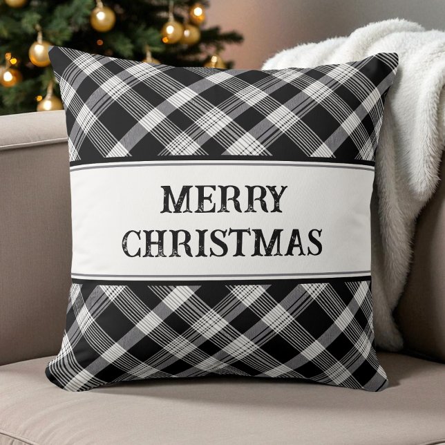 God jul, svart och vitt, modernt Julafton Kudde (Merry Christmas Black and White Plaid Modern Xmas Throw Pillow)