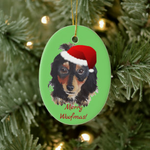 God jul, svart tonårshörad Doxie Santa Hat Julgransprydnad Keramik