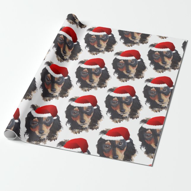 God jul, svart tonårshörad Doxie Santa Hat Presentpapper (Utrullad)