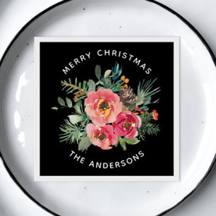 God jul. Svarta blommigten gräs gren Helgdag Pappersservett