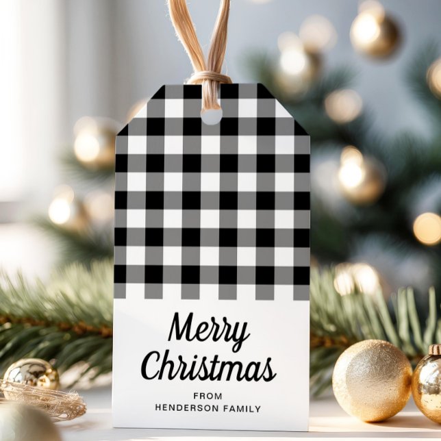 God jul, svarta och vita kontroller presentetikett (Merry Christmas Black And White Checks Gift Tags)