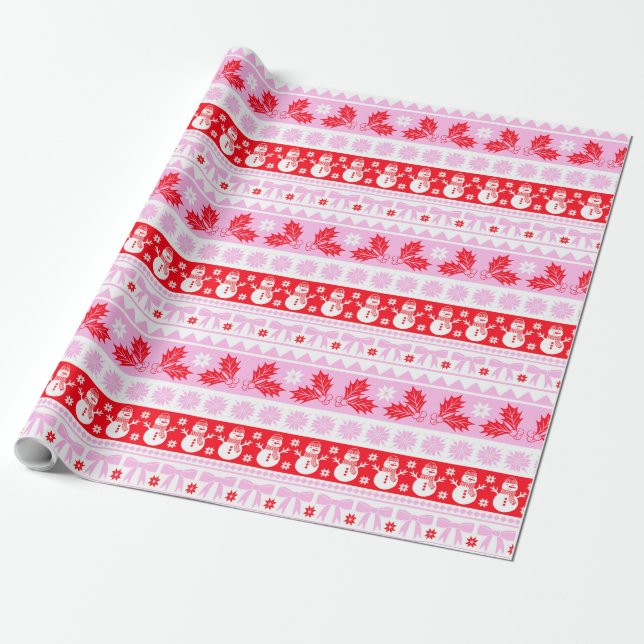God jul, Sverige, Sticka Mönster, Rosa och rött Presentpapper (Utrullad)