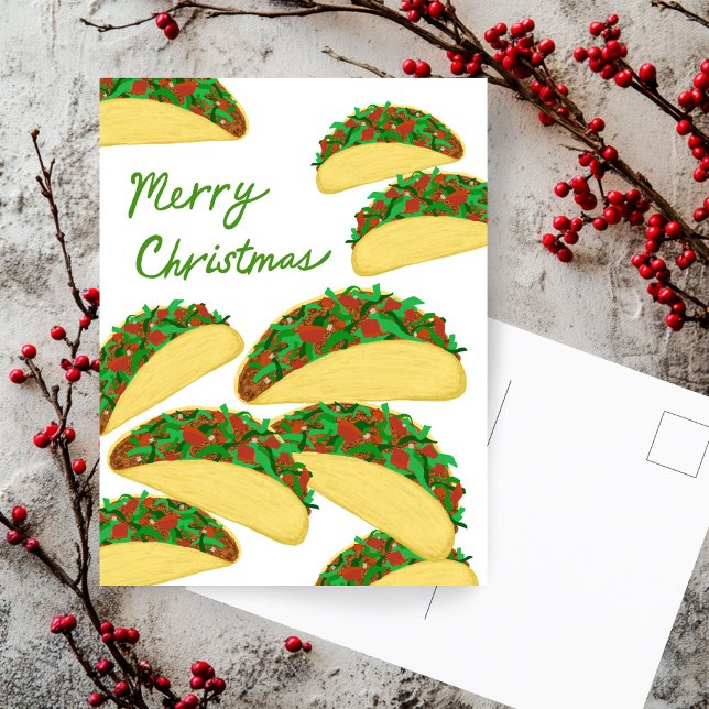 GOD JUL Taco Avalanche Delicious JULAFTON Vykort (MERRY CHRISTMAS Taco Avalanche Delicious XMAS Cute Funny Holiday Postcard Hand drawn 
)