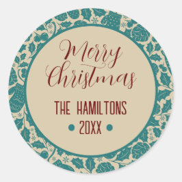 God jul Teal Blommigt Anpassningsbar Family Namn Runt Klistermärke