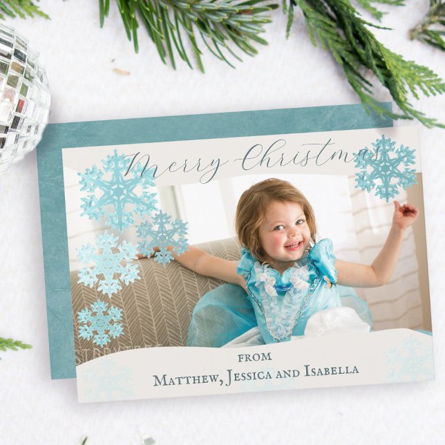 God jul Teal Snöflingor One Photo Julkort (Merry Christmas Teal Snowflakes Photo Holiday Card - just add your photo and name)