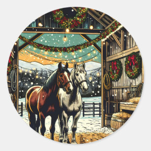 God jul Tecknad Horses Runt Klistermärke