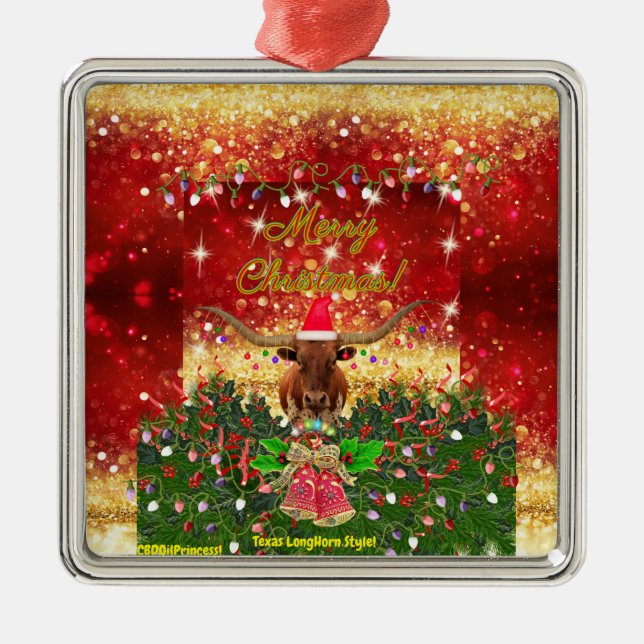 GOD JUL! Texas LongHorn Stil! Julgransprydnad Metall (Framsidan)