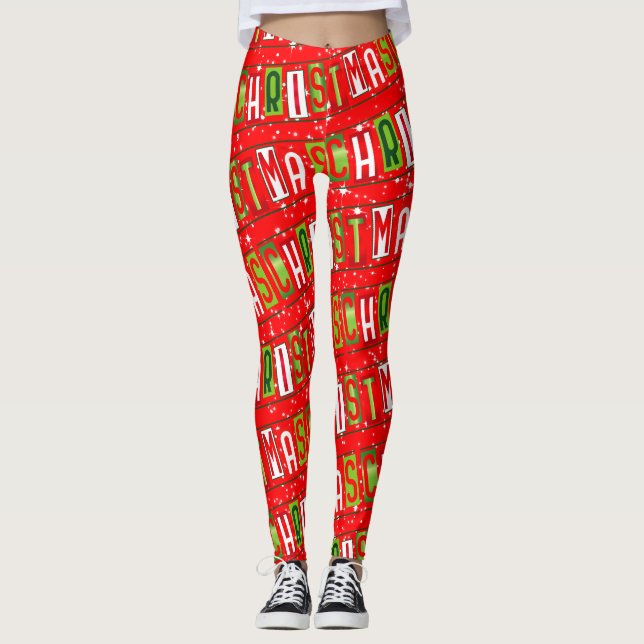 God jul Text Starry Red Grönt White Leggings (Framsida)