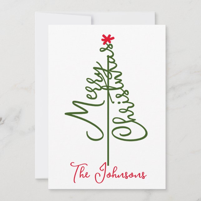 God jul Text Träd Minimal röd snöflake Julkort (Framsida)