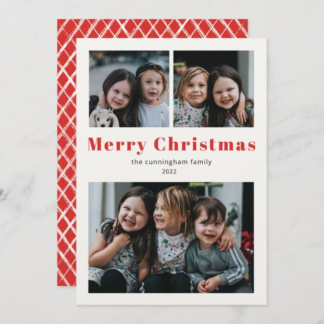 God jul Three Photo Simple Red Kraft Holid Julkort (Fram/baksida)