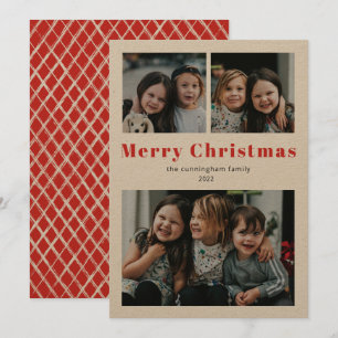 God jul Three Photo Simple Red Kraft Holid Julkort