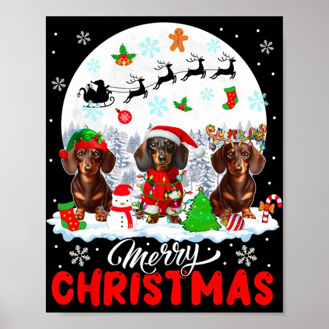 God jul Three Santa Elf Reindeer Dachshund Poster (Framsidan)