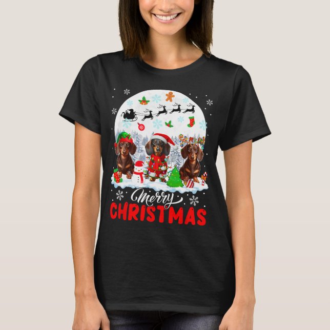 God jul Three Santa Elf Reindeer Dachshund T Shirt (Framsida)