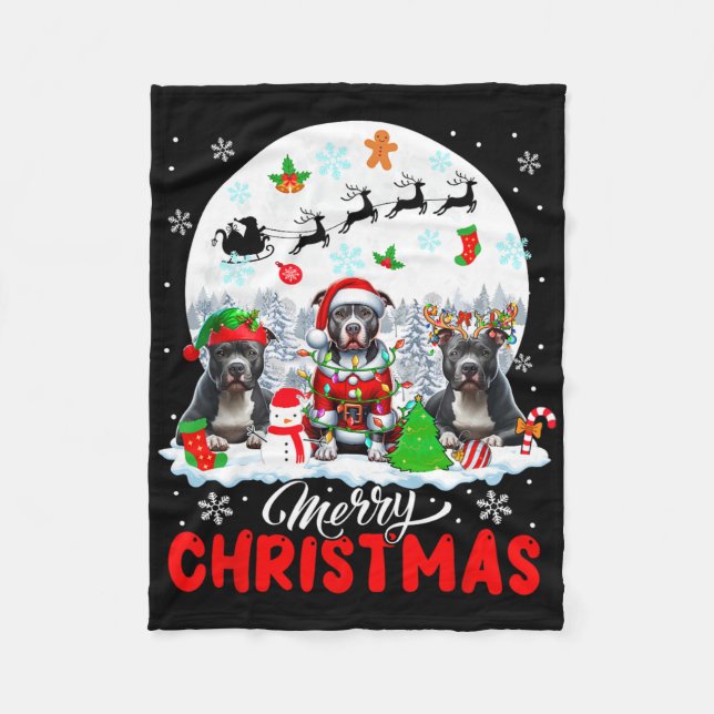 God jul Three Santa Elf Reindeer Pit Bulls Fleecefilt (Framsidan)