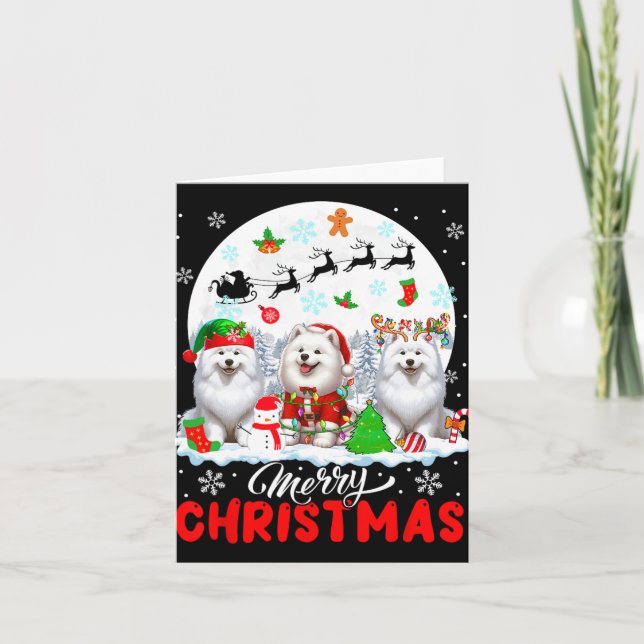 God jul Three Santa Elf Reindeer Samoyeds Kort (Framsida)