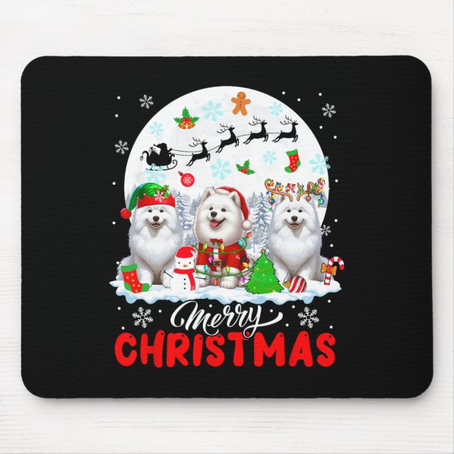 God jul Three Santa Elf Reindeer Samoyeds Musmatta (Framsidan)