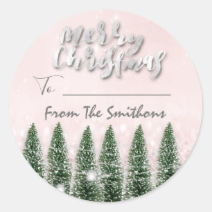 God jul till..från Namn Träd Rosa Glitter Runt Klistermärke