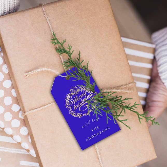 God jul till Namn utandningsblått Guld Presentetikett (Merry Christmas To Name Wreath Royal Blue Gold Gift Tags )