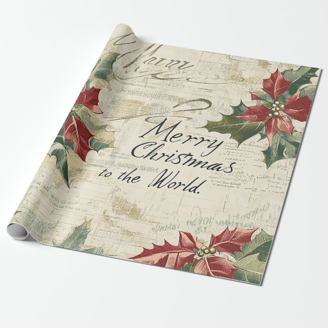 God Jul Till Världen Holly Vintage Presentpapper (Utrullad)