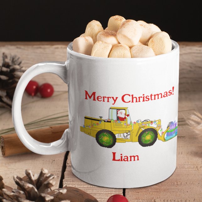 God Jul Tomte i Bulldozer Levererar Present Kaffemugg (Skapare uppladdad)