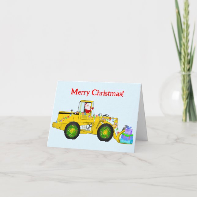God Jul Tomte i Bulldozer Levererar Present Kort (Framsida)