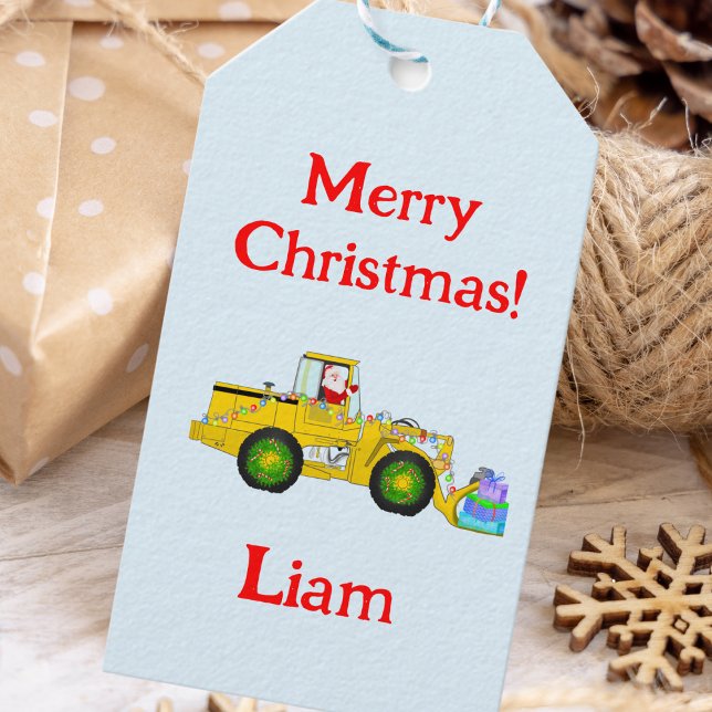 God Jul Tomte i Bulldozer Levererar Present Presentetikett (Bulldozer Santa: festive tags for gifts, thrilling young builders with joy.)