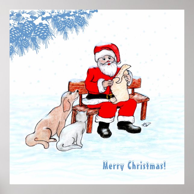 God Jul - Tomte med katt och hund Poster (Framsidan)