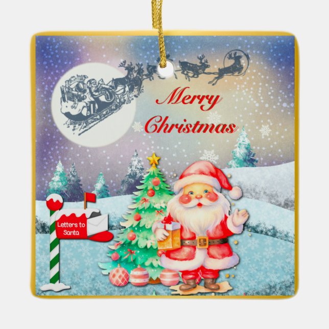 God Jul Tomte, Släd, Renar, Snöflinga Julgransprydnad Keramik (Framsida)