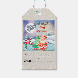God Jul Tomte, Släd, Renar, Snöflinga Presentetikett