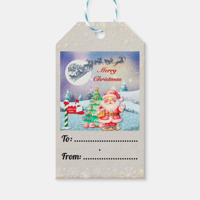 God Jul Tomte, Släd, Renar, Snöflinga Presentetikett (Framsidan)
