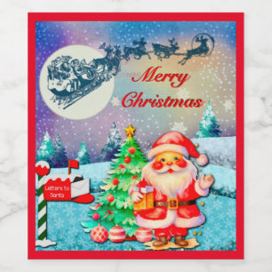God Jul Tomte, Släd, Renar, Snöflinga Vinflaska Etikett