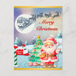 God Jul Tomte, Släd, Renar, Snöflinga Vykort
