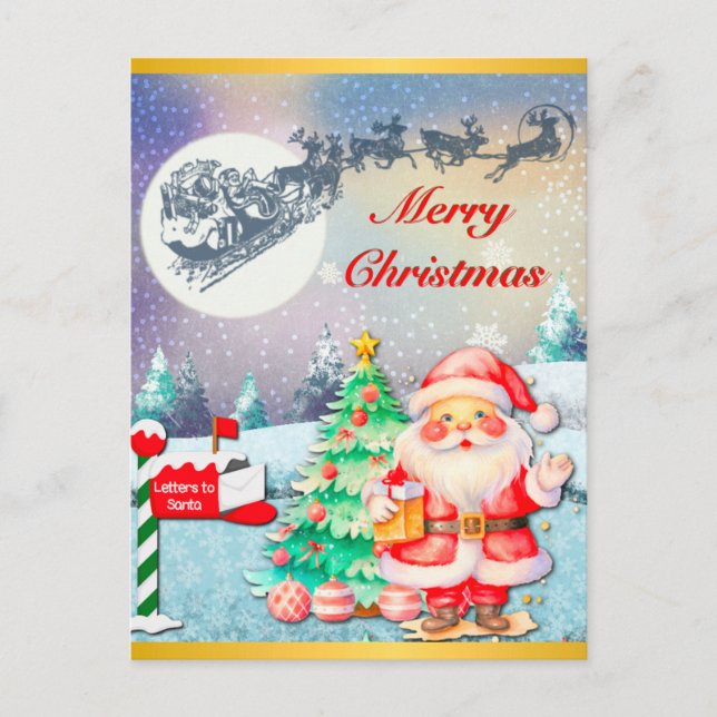 God Jul Tomte, Släd, Renar, Snöflinga Vykort (Framsida)