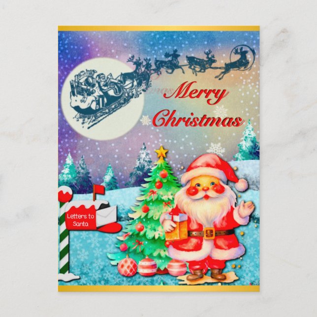 God Jul Tomte, Släd, Renar, Snöflinga Vykort (Framsida)
