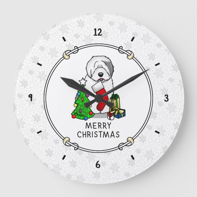God jul Träd 2 Gamla engelska Sheepdog Grått 1 Stor Klocka (Framsida)