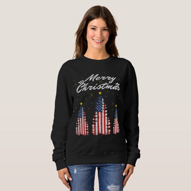 God jul Träd Amerikanska Flagga T Shirt (Hel framsida)
